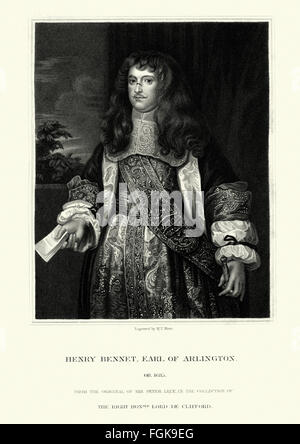 Ritratto di Henry Bennett, 1° Conte di Arlington 1618 al 1685 Un statista inglese. Egli ha ricevuto una ferita sul ponte del naso Foto Stock