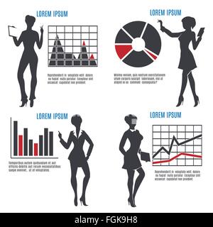 Business silhouette di donna con tabelle e grafici e campioni di testo. Isolato su bianco. free font utilizzato. Illustrazione Vettoriale