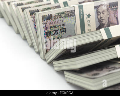 Fila di yen giapponese pack soldi su sfondo bianco. Foto Stock