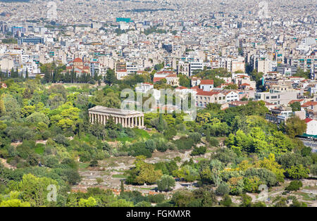 Atene - Tempio di Efesto Dal areopago hill. Foto Stock