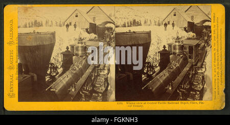 Questa fotografia vintage di Thomas Houseworth & Co. Mostra una scena invernale al Central Pacific Railroad Depot di Cisco, nella contea di Placer. L'immagine cattura il deposito coperto di neve, illustrando le sfide di funzionamento durante le dure condizioni invernali alla fine del XIX secolo. Foto Stock