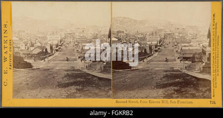 Questa foto storica di Carleton E. Watkins, tratta da Rincon Hill a San Francisco, mostra Second Street alla fine del XIX secolo, dando uno sguardo al primo sviluppo urbano e all'architettura della città. Foto Stock