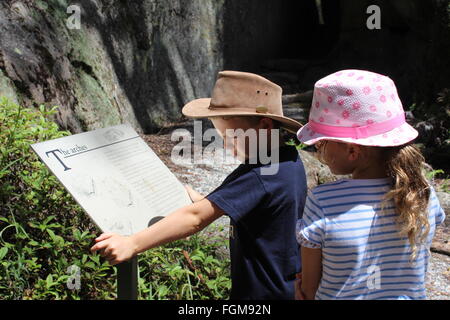 Otto anni che un ragazzo e una ragazza guardando la mappa durante una escursione o bushwalk Foto Stock