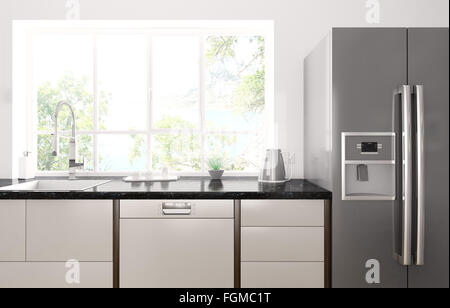 Interno della cucina moderna con granito nero del contatore, frigorifero 3D render Foto Stock