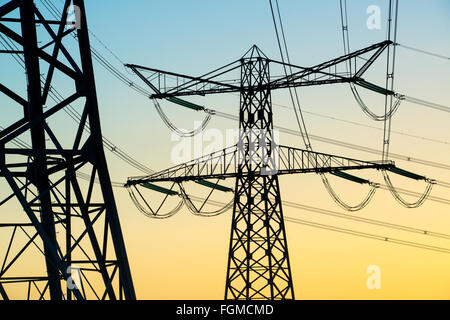 Elettricità tralicci e fili al crepuscolo Foto Stock
