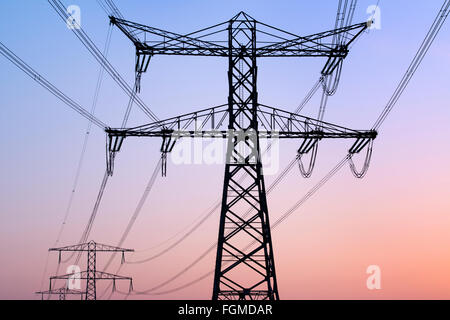 Elettricità tralicci e fili al crepuscolo Foto Stock