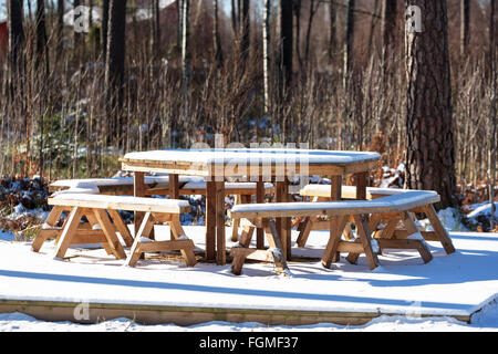 Un ottagonale di mobili da esterno impostato nella foresta in inverno. Foto Stock