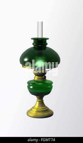 Olio Vintage lampada che arde isolato su bianco e vetro verde a forma di cupola e bronzo Foto Stock