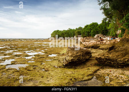 La bassa marea rivela un fondale roccioso, con poca o nessuna sabbia, nello stretto tra Lembongan Ceningan e. Bali, Indonesia. Foto Stock