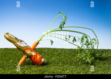 coniglietto pasquale al cioccolato pugnalato con una carota Foto Stock