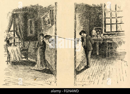 Antique circa 1895 incisione, illustrazione di un U.S. Il brevetto di contatto elettrico Telefono in 1876. Foto Stock