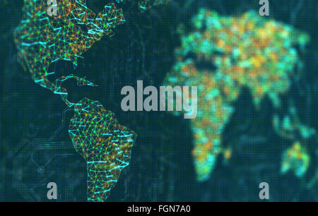 La mappa del mondo rappresentato da illuminato connessioni digitali. Immagine 3D con la profondità di campo su uno schermo a LED. Foto Stock