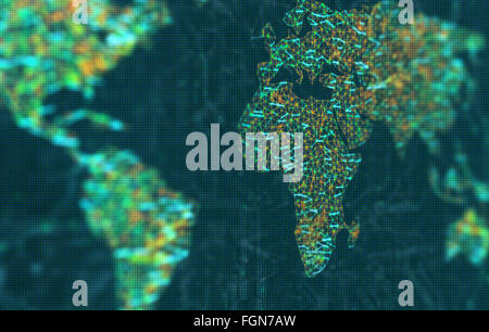 La mappa del mondo rappresentato da illuminato connessioni digitali. Immagine 3D con la profondità di campo su uno schermo a LED. Foto Stock