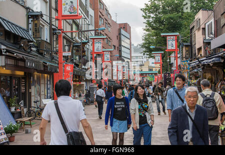 Tokyo Giappone folla camminare al Tempio di Sensoji negozi con vecchi negozi tradizionali a Tokyo il più antico tempio Foto Stock