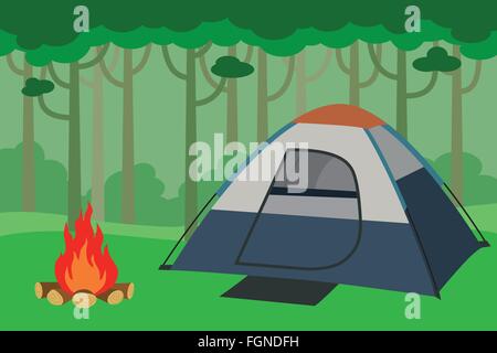 Tende da campeggio all'interno della giungla con la foresta di alberi e il falò Illustrazione Vettoriale