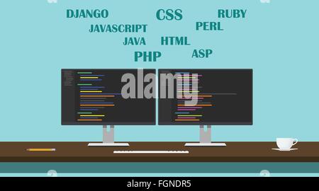 Sito web developer linguaggio di programmazione area di lavoro Illustrazione Vettoriale