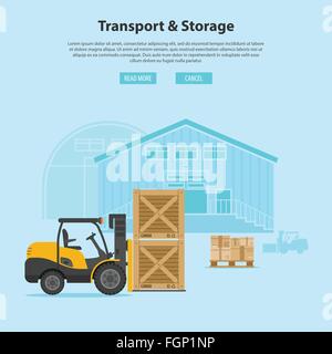 Carrello elevatore con l edificio adibito a magazzino e merci in Flat icone di stile. Concetto di vettore per brochure, sito web e pubblicità stampa o Illustrazione Vettoriale