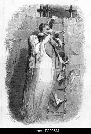 Letteratura, 'i tre moschettieri' (Les Trois Mousquetaires), di Alexandre Dumas il Vecchio, 58o capitolo, la fuga di Mylady, incisione del legno, Dufour et Moulat, Parigi, 1851, diritti aggiuntivi-clearences-non disponibile Foto Stock