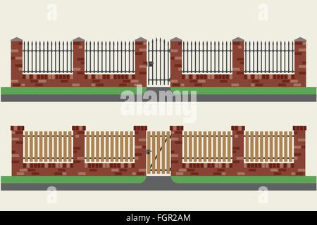 Recinzioni in mattoni con pavimenti in legno e metallo. Illustrazione Vettoriale