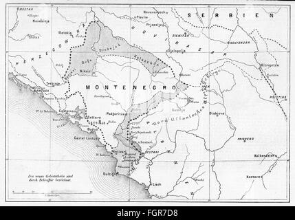 Cartografia, mappe politiche, Principato di Monternegro ai confini dopo il trattato di Berlino del 1878 e il congresso di Berlino del 1880, diritti aggiuntivi-clearences-non disponibili Foto Stock