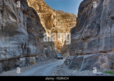 Auto spremitura attraverso il si restringe di Tito Canyon in Grapevine montagne, Parco Nazionale della Valle della Morte, CALIFORNIA, STATI UNITI D'AMERICA Foto Stock