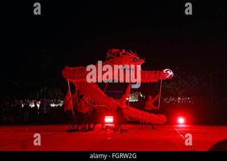 Yogyakarta, Indonesia. Il 21 febbraio, 2016. Le persone a svolgere un dragon dance durante un festival culturale che segna la fine del nuovo anno lunare festeggiamenti in Yogyakarta. Cap Vai Meh simboleggiano il quindicesimo e ultimo giorno del nuovo anno lunare di festa per le comunità cinesi di tutto il mondo. Credito: Nugrogo Hadi Santoso/Pacific Press/Alamy Live News Foto Stock