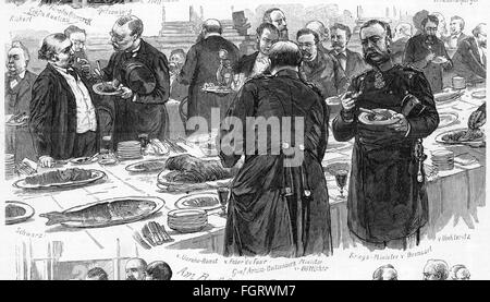 Festeggiamenti, Fruehschoppen nella Cancelleria del Reich, Berlino, 20.6.1884, presso la sponda, Heinrich Rickert, Ludwig Schwarz, Hans Wilhelm von Unruhe-Bomst, Faber du Faur, Adolf von Arnim-Boitzenburg, Karl Heinrich von Boetticher, Paul Bronsart von Schellendorter, von Osnorff, 1884 Aduction und Weinwald, Unclearing, Unecher und Weinwald Foto Stock