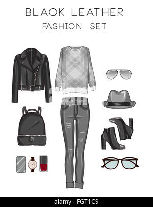 Set di moda di donna di capi di abbigliamento e accessori - Black Leather biker jacket, jeans, maglione, occhiali da sole, stivali, borsa make up, ha Foto Stock