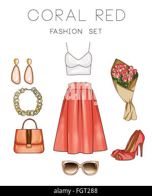 Set di moda di donna di capi di abbigliamento e accessori - Top, gonna, gioielli, borsetta, tacco scarpe, occhiali da sole e fiori Foto Stock