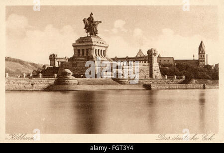 Geografia / viaggio, Germania, Coblenza, monumenti, Deutsches Eck con il monumento dell'imperatore Guglielmo i, vista, cartolina fotografica, editori d'arte EDM. Von Koenig, circa 1910, diritti aggiuntivi-clearences-non disponibile Foto Stock