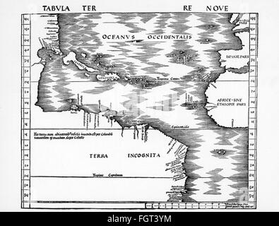 Cartografia, mappa, America, Caraibi, isole Isabella e Spagnolla, incisione in rame, 'Tabula Terre nove', di Martin Waldapparueller, Strasburgo, 1513, diritti-aggiuntivi-clearences-non disponibile Foto Stock