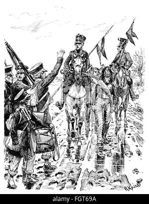 Guerra della Sesta Coalizione 1812 - 1814, landwehr prussiana con un dragoon francese catturato, 1813 / 1814, disegno di Richard Knoetel, circa 1900, Additional-Rights-Clearences-non disponibile Foto Stock