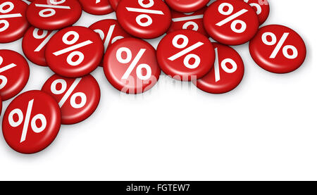 Vendita Shopping, riduzione e sconto promo concetto con badge rosso e il simbolo percentuale 3d'illustrazione su sfondo bianco. Foto Stock