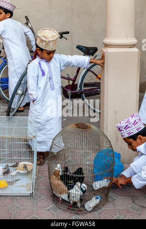 Un ragazzo Omani vende uccelli esotici al venerdì mercato di uccelli, Nizwa, Ad Dakhiliyah Regione, Oman Foto Stock