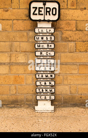 Zero Post presso la stazione ferroviaria di York. Utilizzato da molte società ferroviarie per impostare le distanze sulla loro linea da questo punto Foto Stock