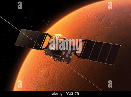 Interplanetario stazione spaziale in orbita attorno a Marte. Scena 3d. Foto Stock