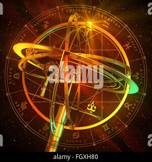 Sfera armillare con i simboli dello Zodiaco su sfondo rosso. Scena 3d. Foto Stock
