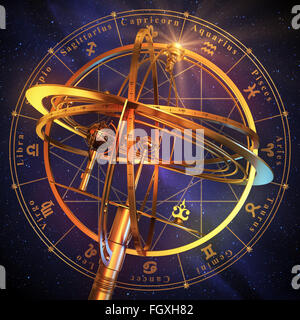 Sfera armillare con i simboli dello Zodiaco su sfondo blu. Scena 3d. Foto Stock