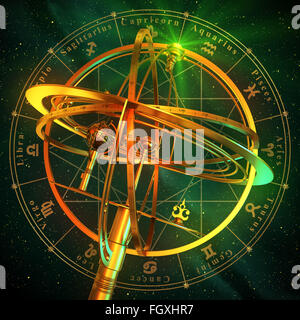Sfera armillare con i simboli dello Zodiaco su sfondo verde. Scena 3d. Foto Stock