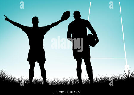 Immagine composita della vista posteriore del giocatore di rugby in esecuzione con sfera Foto Stock