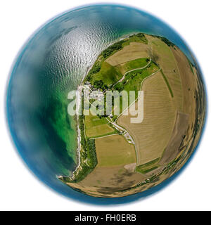 Vista aerea, villaggio Vitt Villaggio di Pescatori, obiettivo fisheye, obiettivo fisheye, immagine a tutto tondo, Putgarten, Rügen, Meclenburgo-Pomerania Occidentale, Foto Stock