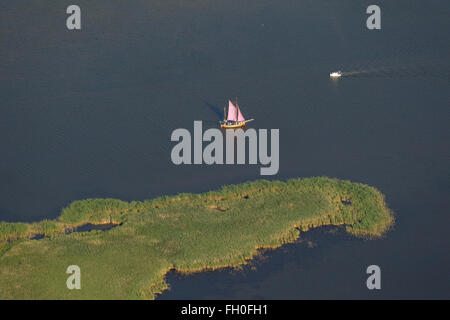 Vista aerea, flatboat, barca a vela a Barth Bodden, Isola Grande Kirr, Barth Bodden, Zingst, Mar Baltico, Meclenburgo-Pomerania Occidentale, Foto Stock