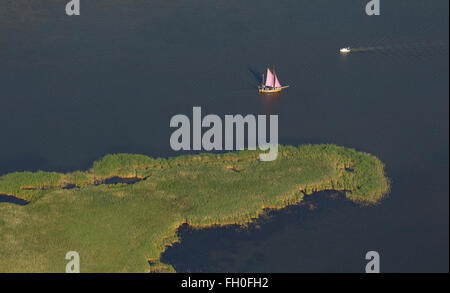 Vista aerea, flatboat, barca a vela a Barth Bodden, Isola Grande Kirr, Barth Bodden, Zingst, Mar Baltico, Meclenburgo-Pomerania Occidentale, Foto Stock