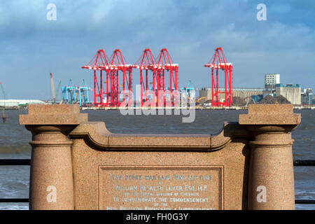 Liverpool dock e banchine e nuovo contenitore gru in posizione sul fiume Mersey, REGNO UNITO Foto Stock