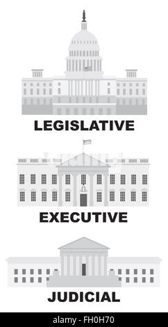 Tre rami del governo degli Stati Uniti legislativa giudiziaria esecutiva edifici illustrazione in scala di grigi Foto Stock