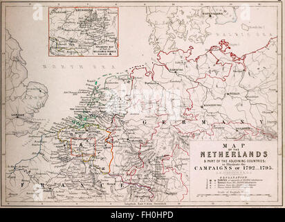 Mappa di Paesi Bassi e parte dei paesi limitrofi per illustrare le campagne di 1792 - 1795. Le guerre della rivoluzione francese Foto Stock