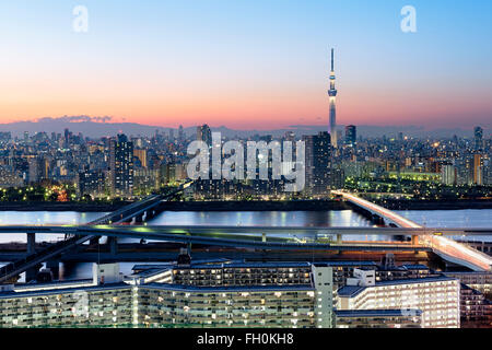 Tokyo, Giappone - 10 gennaio; 2016: Lo skyline di Tokyo al tramonto, vista del quartiere di Asakusa, Fiume Sumida e Skytree. Foto Stock