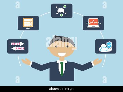 Esso profilo lavoro illustrazione vettoriale di persona d'affari. Esperto di Informatica per il cloud computing e l'infrastruttura Illustrazione Vettoriale