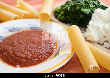 Rendendo la ricotta e spinaci cannelloni con gli ingredienti per la preparazione Foto Stock