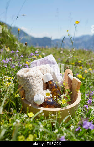 Benna con la medicina omeopatica nel campo dei fiori, Strobl, Salzburger Land, Austria Foto Stock